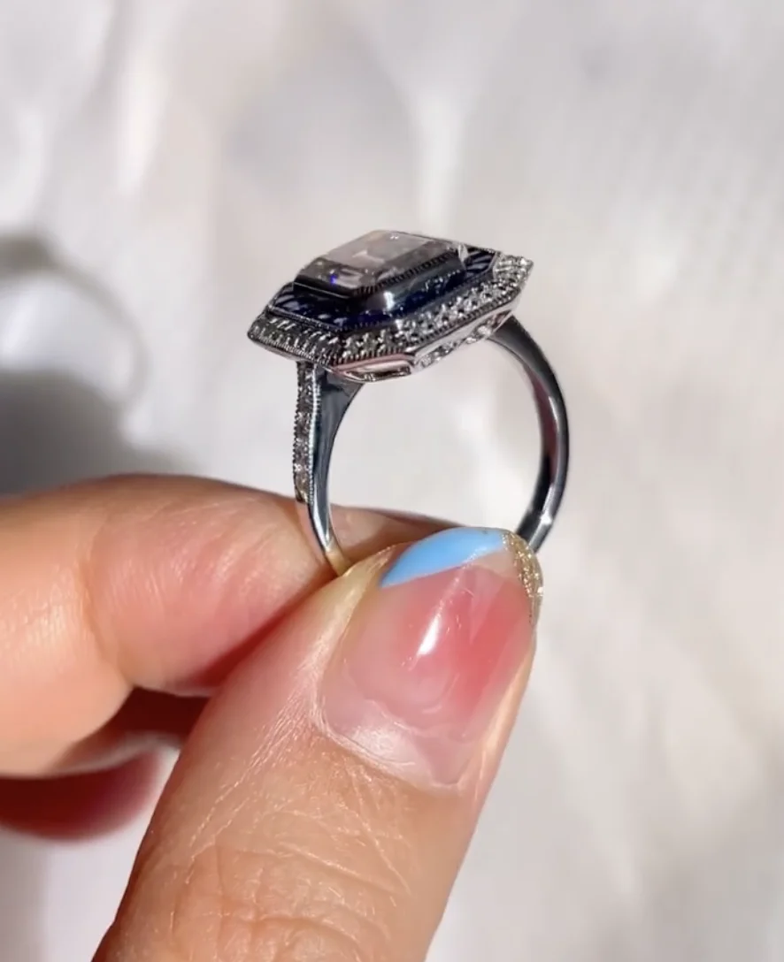 JOVOVASMILE Emerald Cut 3carat Moissanite Rings 0.95ct Lab Royal Blue Sapphire 585 Au750 Classic 9k Gold Rings For Women Jewelry