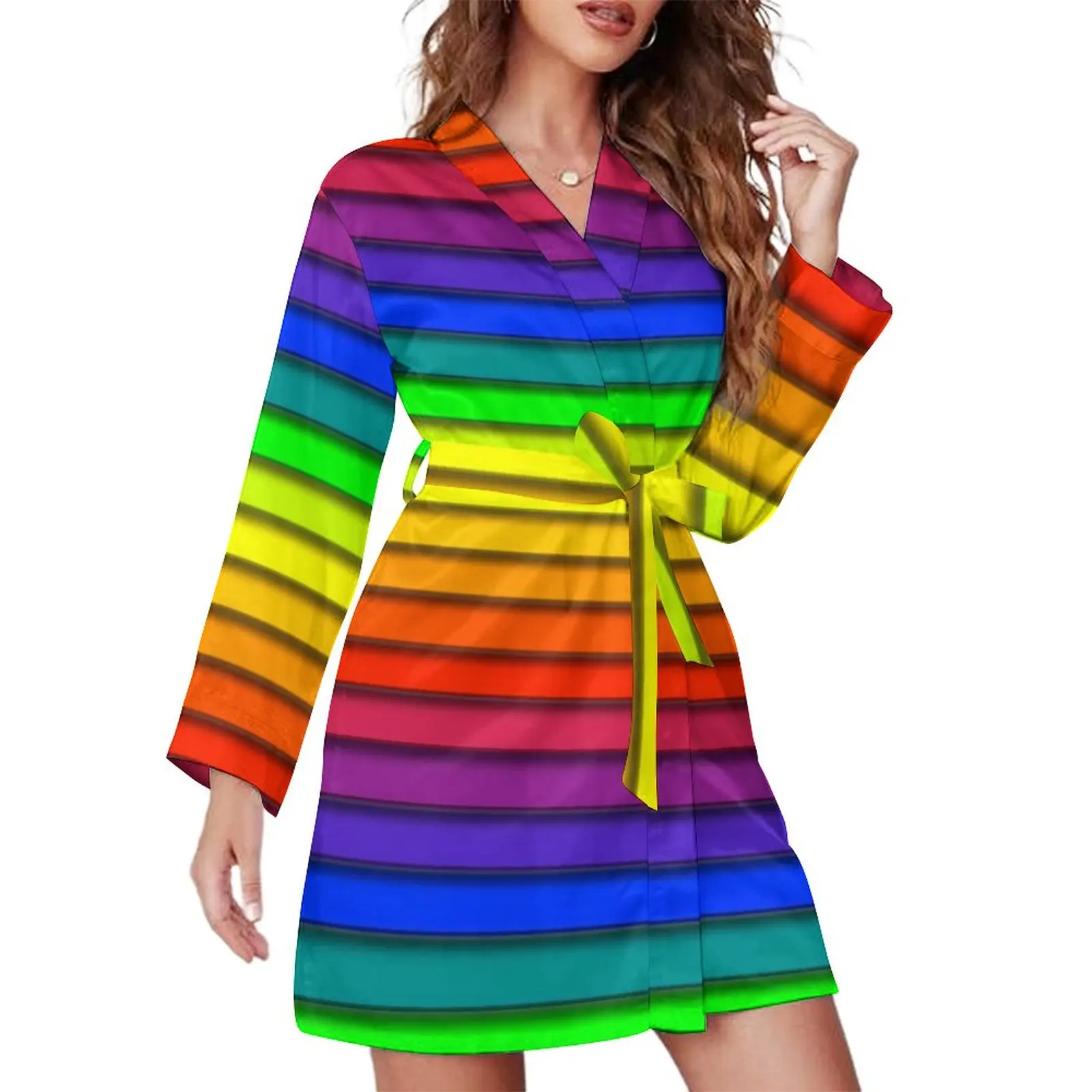 

Rainbow Striped Pajama Robe V Neck Horizontal Lines Print Sleepwear Lady Long Sleeves Kawaii Pajamas Robes Autumn Casual Dresses