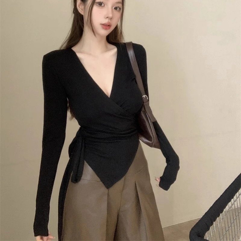 Женская футболка с v-образным вырезом и длинными рукавами новая корейская мода со