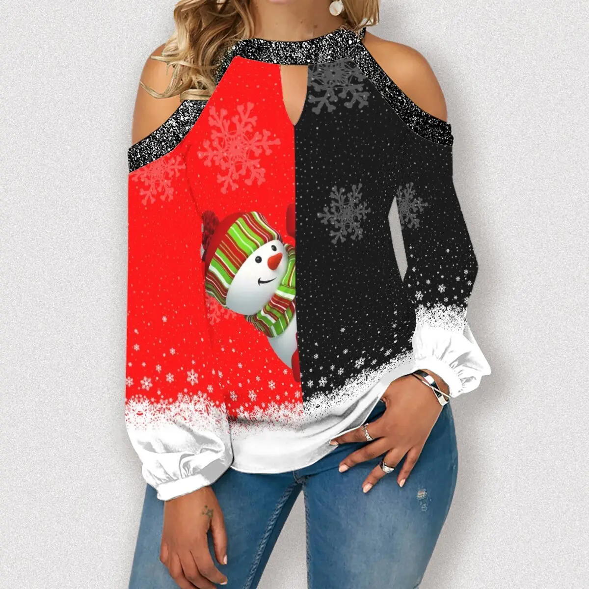 

SNAKE YX XXS-10XL Plus Size Women's Autumn Christmas Snowman Print Cozy Loose Long Sleeve T-Shirt