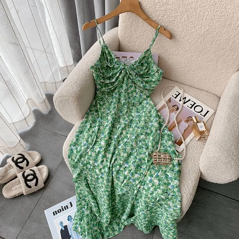 Summer Korean V-neck High Waist A-line Long Dress Robe Print Dress For Women Beach Party Dress Green Fragmented Flowers Dress