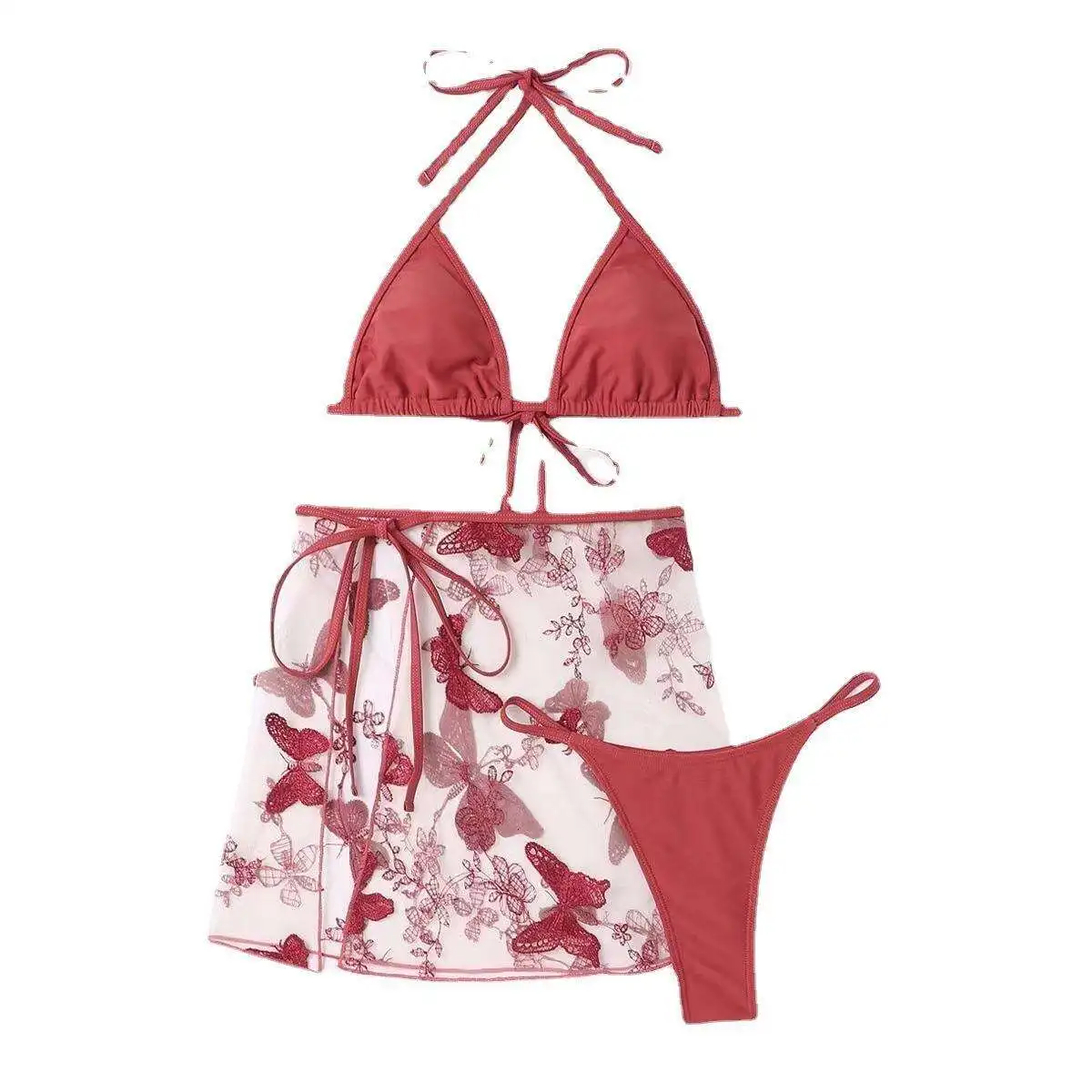 

Sexy Halter Swimsuit Ladies Three Piece Set Embroidered Mesh Bikini