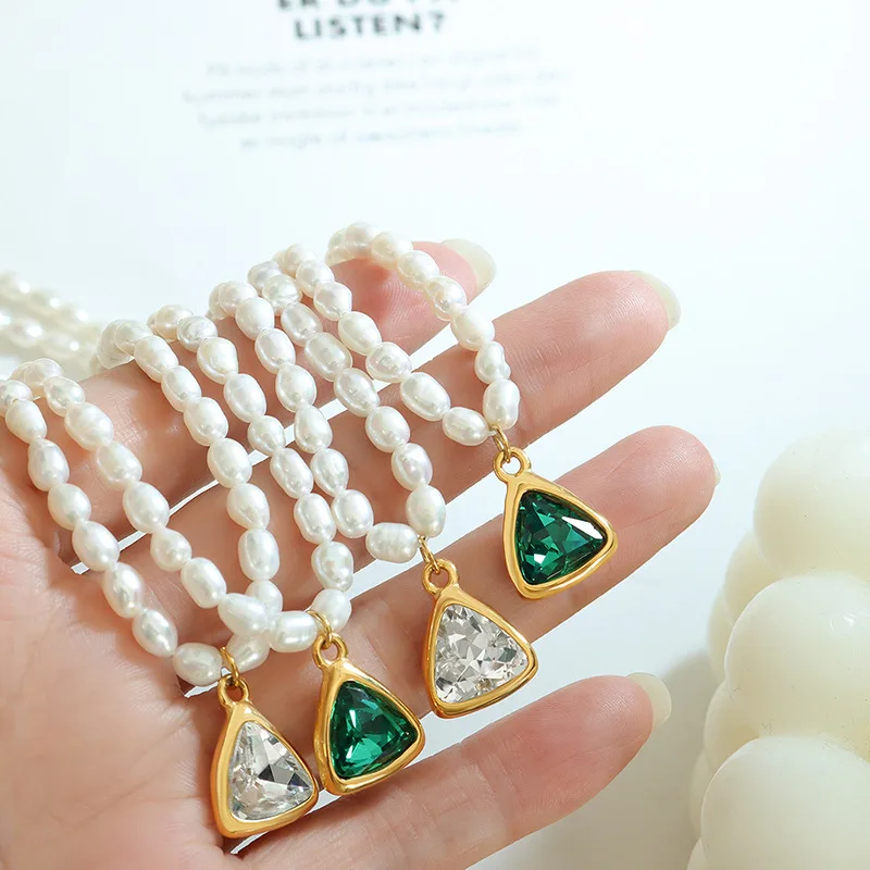 

French Necklace Shiny Crystal Stone Two Color Freshwater Pearl Necklace Diamond Pendant Women's Personality Fashion Pearl Chain