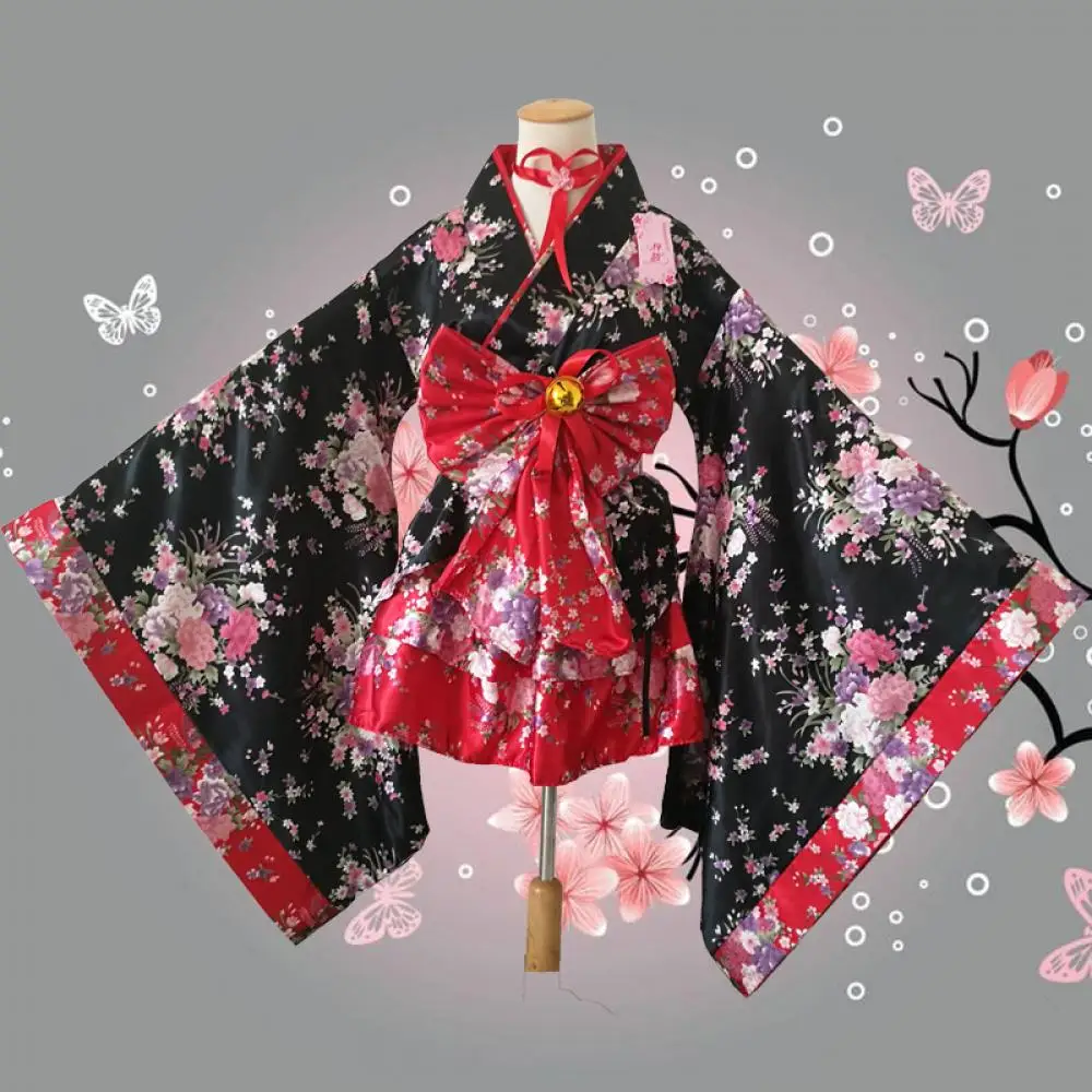 

Girl Anime Cos Costume Sakura Printed Big Bowknot Bat Sleeve Kimono Woman Kawai Mini Dresses Maid Dress Princess Lolita 6Pcs Set