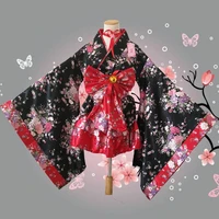 girl anime cos costume sakura printed big bowknot bat sleeve kimono woman kawai mini dresses maid dress princess lolita 6pcs set