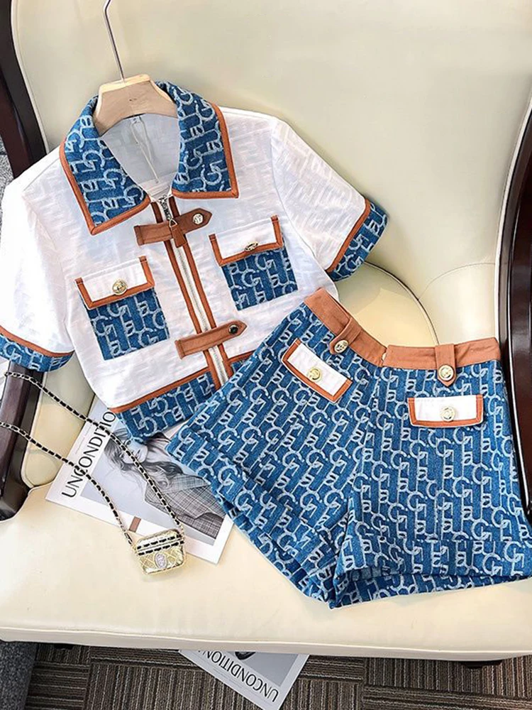 

KBAT Vintage Small Fragrance 2 Pieces Denim Top Patchwork Short Sleeve Blouse High Waist Shorts Women Fashion Wide Leg Shorts