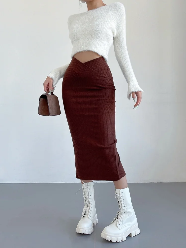 

Cross-waist Asia Sexy High-waist Long Skirt Knit Slim Buttock Knit Skirt Fashion Sexy Women 2023 Spring QN0U