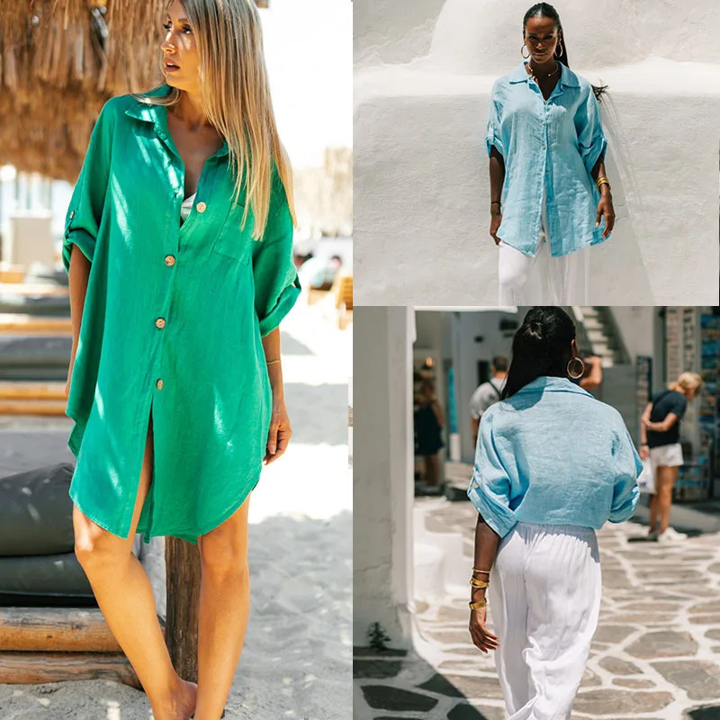 

Spring/Summer 2023 Solid Loose Collar Casual Long Shirt Top