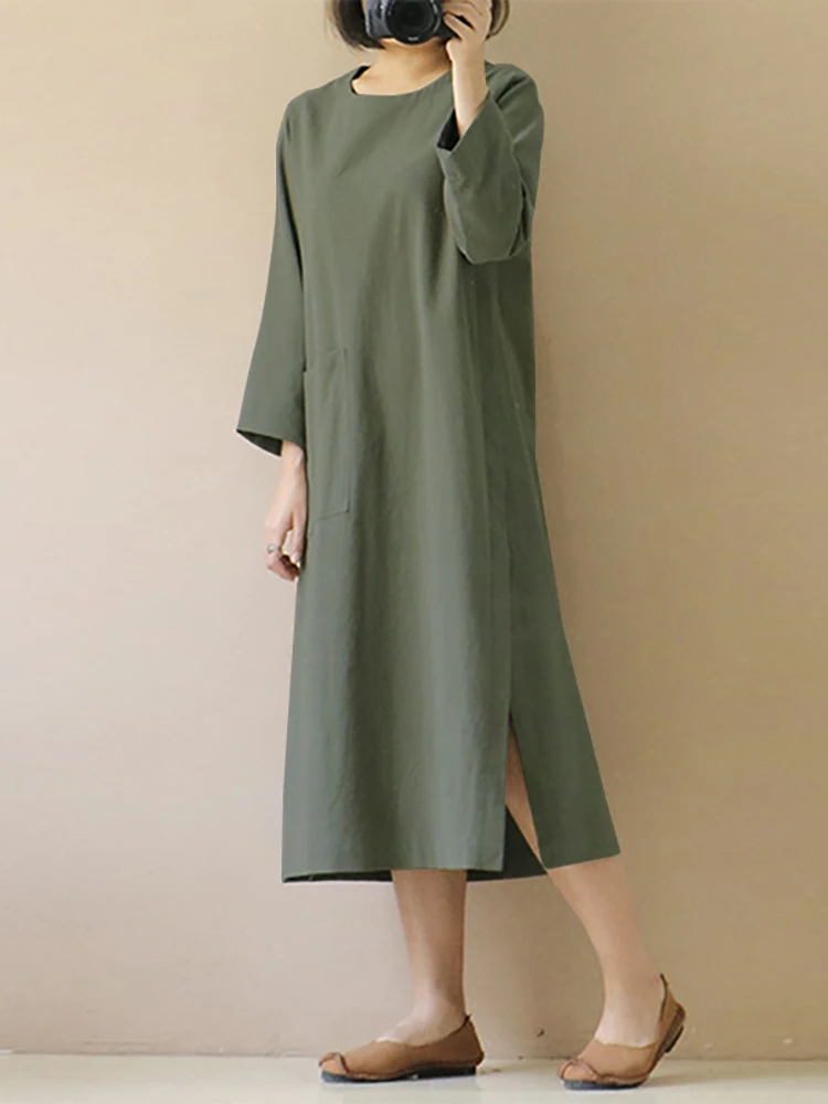 

Женское однотонное платье ZANZEA, винтажное платье с разрезом на подоле, повседневные платья с длинным рукавом, рабочая одежда, Осенний хлопко...