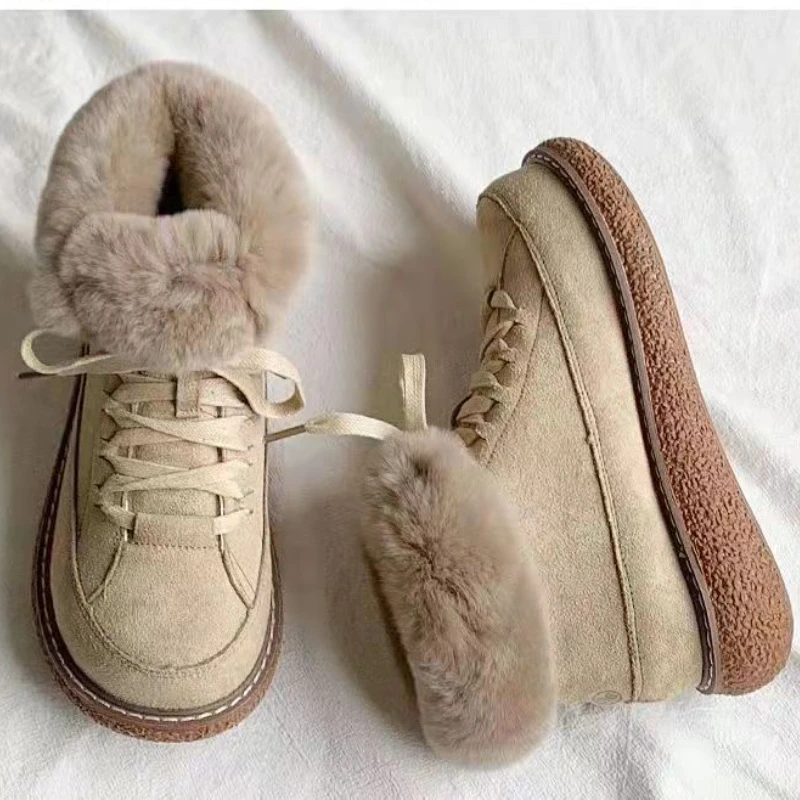 Snow Boots Women's Winter Plush Warm Cotton Shoes Women Lace-up Waterproof Non-slip Thick Bottom Rabbit Fur Boots Botas Mujer