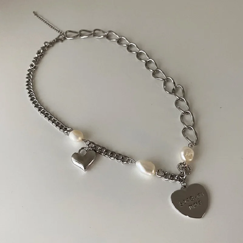 Spring And Summer Titanium Steel Pearl Love Necklace For Women's Little Style Cool Hip Hop Collar Chain Neck Accessories