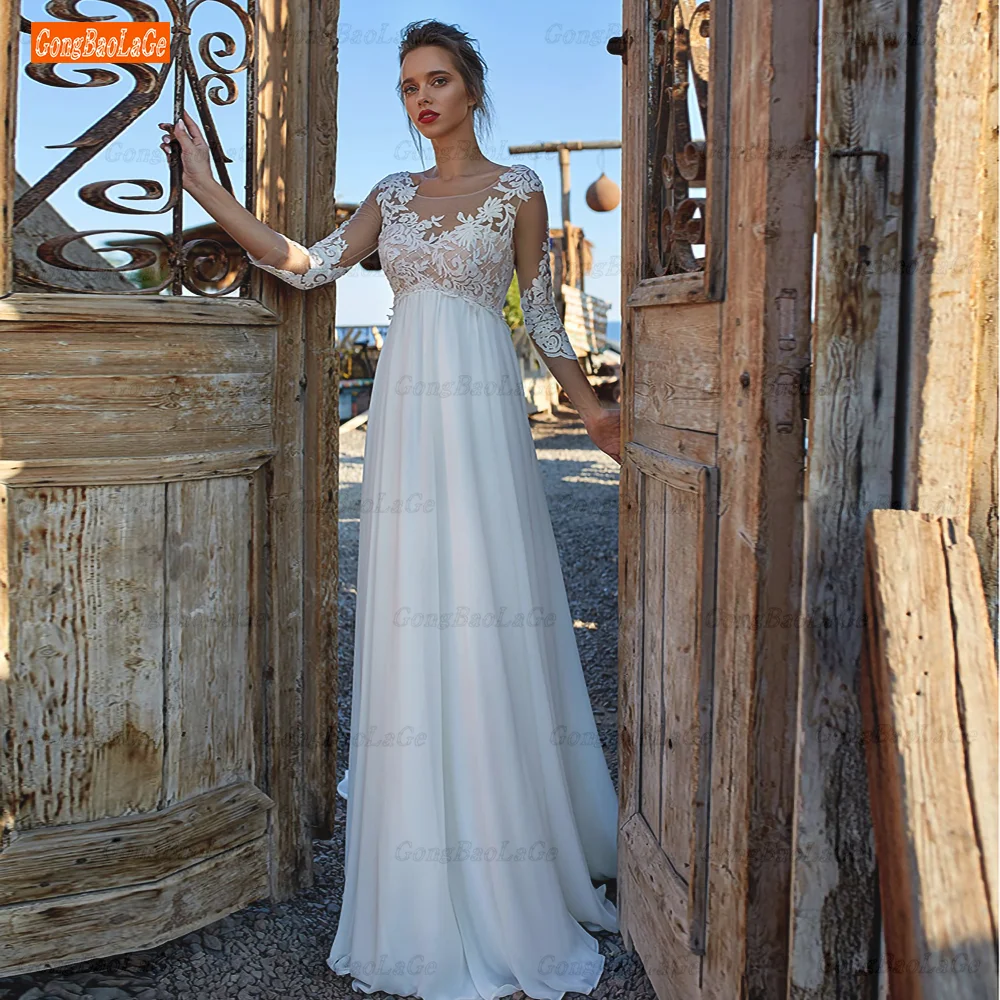 Купи Wedding Dress A Line Chiffon 3/4 Sleeve V Neck Lace Appliqué Custom Robe De Mariee Custom 2022 Vestido De Noiva за 5,371 рублей в магазине AliExpress