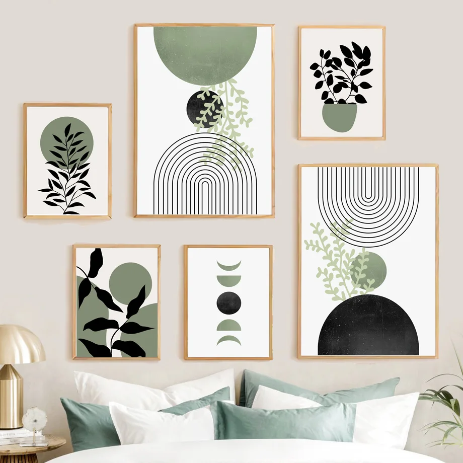 

Картина на холсте в стиле бохо с зелеными листьями, абстрактные геометрические винтажные плакаты, настенные художественные картины, декор в скандинавском стиле для спальни, гостиной