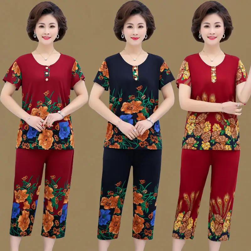 

2 Piece Sets Womens Cotton Outfits Stripe Short Sleeve O-neck Tops+ Loose Harem Pants Summer Casual Two Piece Set 4xl J290