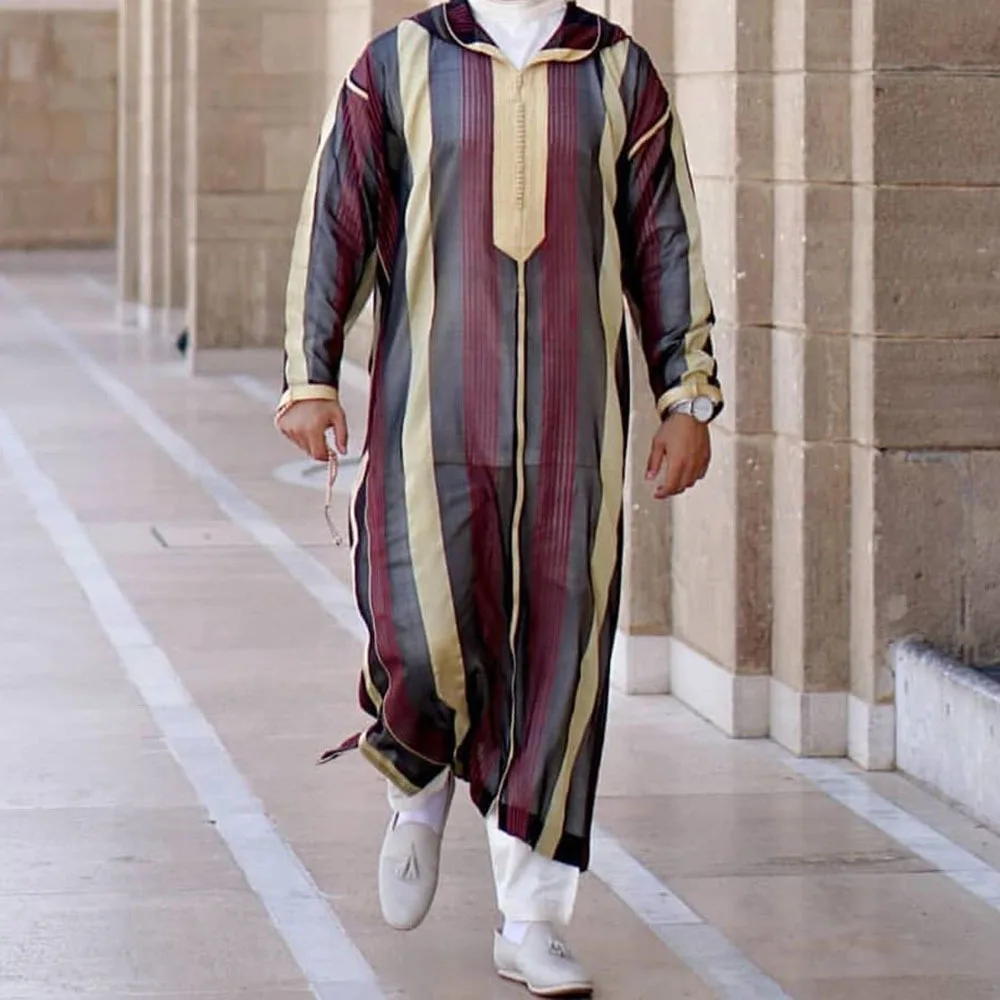 

Muslim Men Long Shirts Autumn Spring Daily Work Business Dubai Hooded Striped Print Long Sleeve Casual African Blousa Top 2022