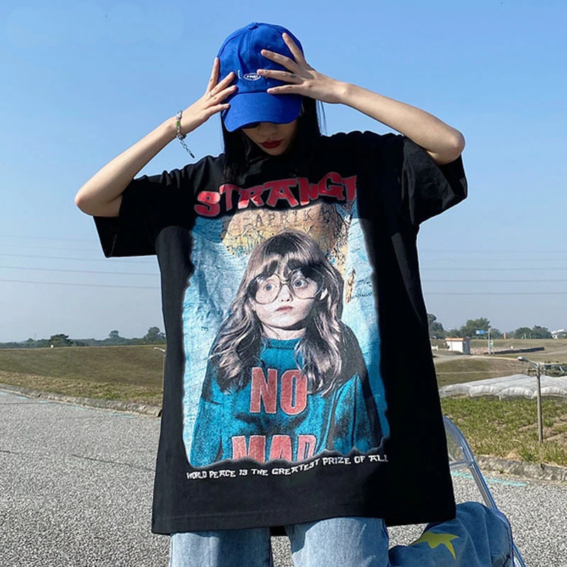 

2022Retro Streetwear Casual Loose Tshirt Print Short-Sleeve Tshirt Men Women Loose Cotton Oversize Top Tees Cotton Spring Summer