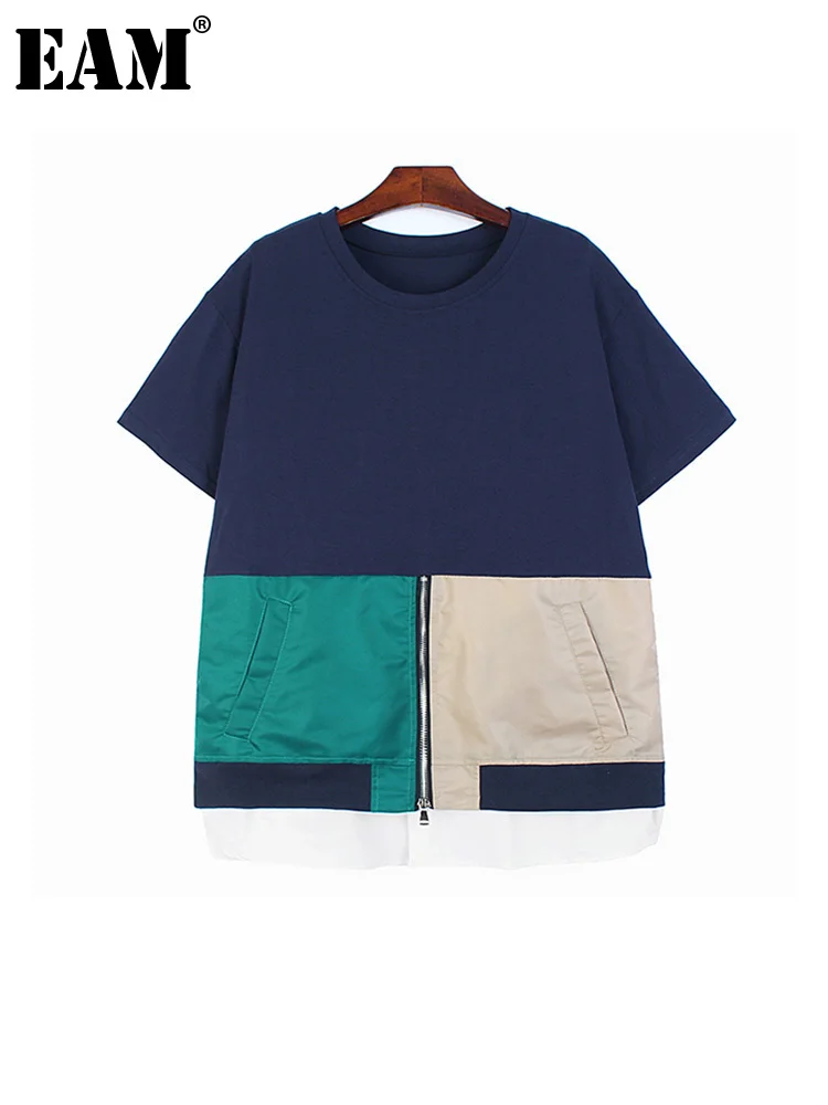 

[EAM] Women Gray Color-block Casual Big Size T-shirt New Round Neck Short Sleeve Fashion Tide Spring Summer 2022 1DE9522