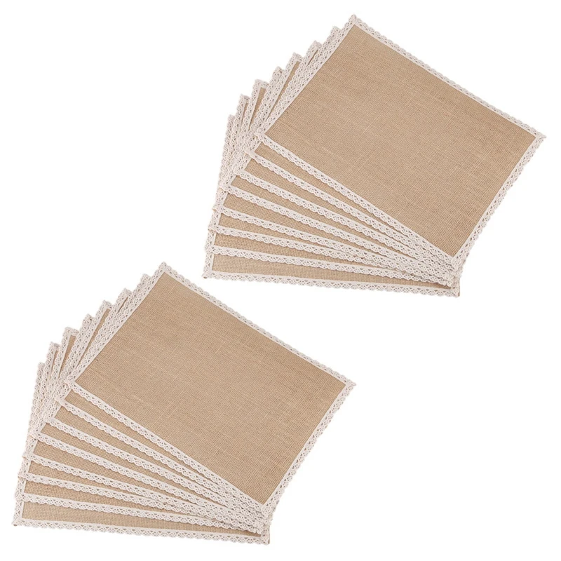 

HOT-16Pcs льняной коврик для стола Кружевная салфетка набор из натурального джута тканый коврик для столовой посуды украшение для свадебной ве...