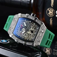 new fashion diamond watch skeleton mens green silicone male quartz watch tonneau silve wristwatch hip hop luminous sports clock