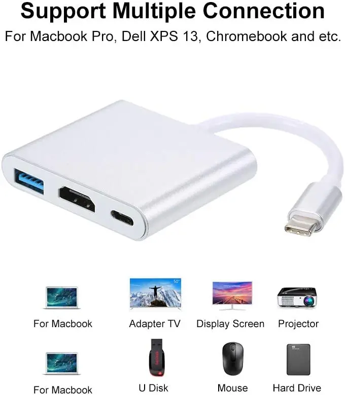 

New USB 3.1 Tipo-C para USB 3.0 / HD/Tipo-C HUB USB-C 3-em-1 Adaptador Dongle Cabo Dock para MacBook Pro XPS 13