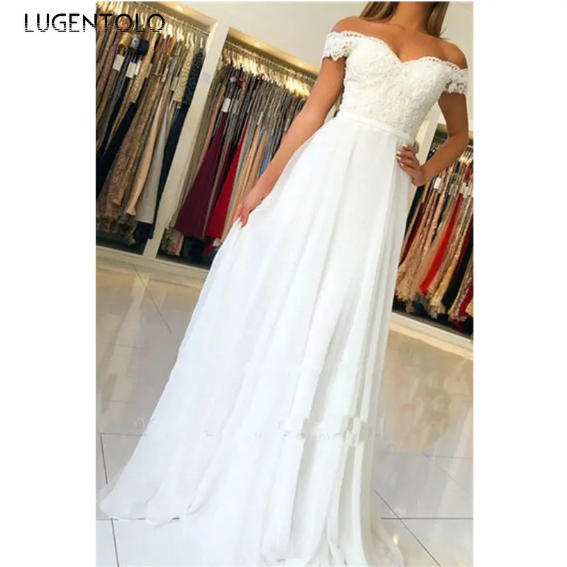 

Women Party Dress Off The Shoulder White Slash Neck Sexy Lace Ladies High Waist Big Swing Spring Summer Dinner Long Dress