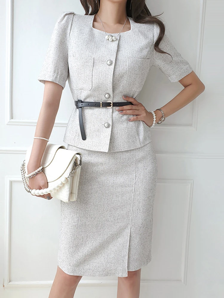 

2 Pieces Outfit Office Lady Women Temperament Formal Simple Short Sleeve Tops Shirt Blouse High Waist Midi Skirt Mujer Slim Sets