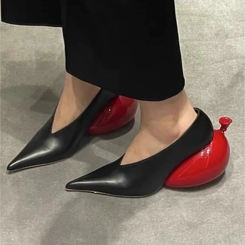 Red Shaped Balloon High Heels Pumps Fashion Black Pointed Toe Strange Style Sandals New Style Summer Sexy Party Shoes