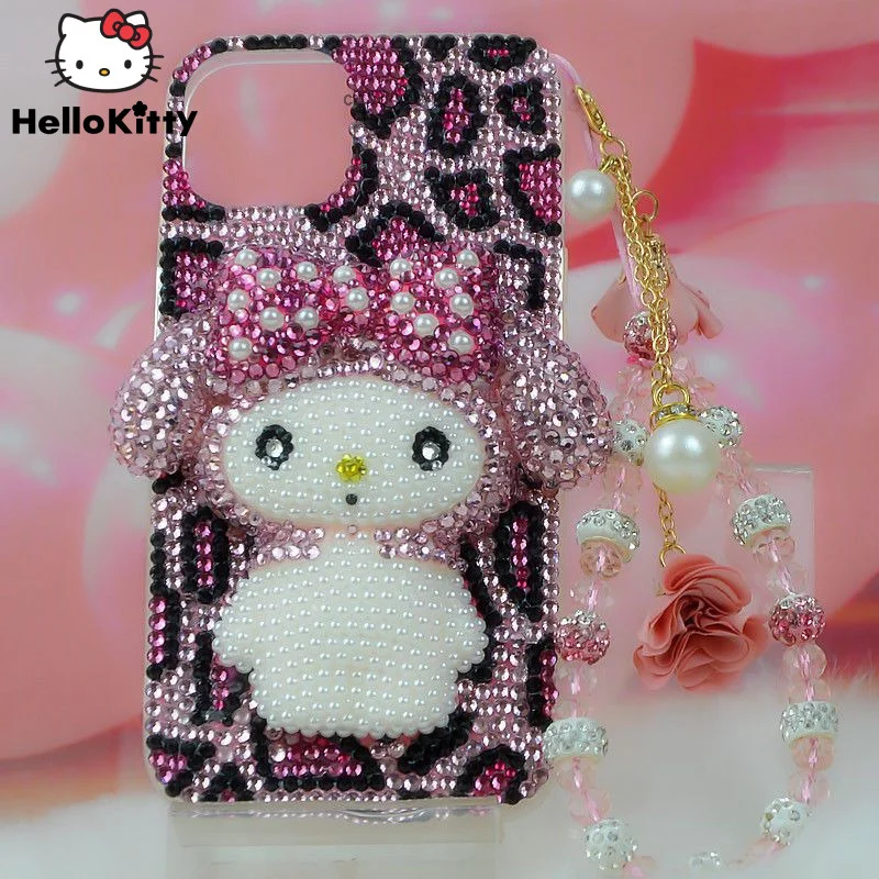 

Роскошные чехлы для телефонов Sanrio Melody с розовым жемчугом и чешским алмазом со стразами и леопардовым узором для iPhone 12 13 14 Pro Max Mini XR XS 7 8