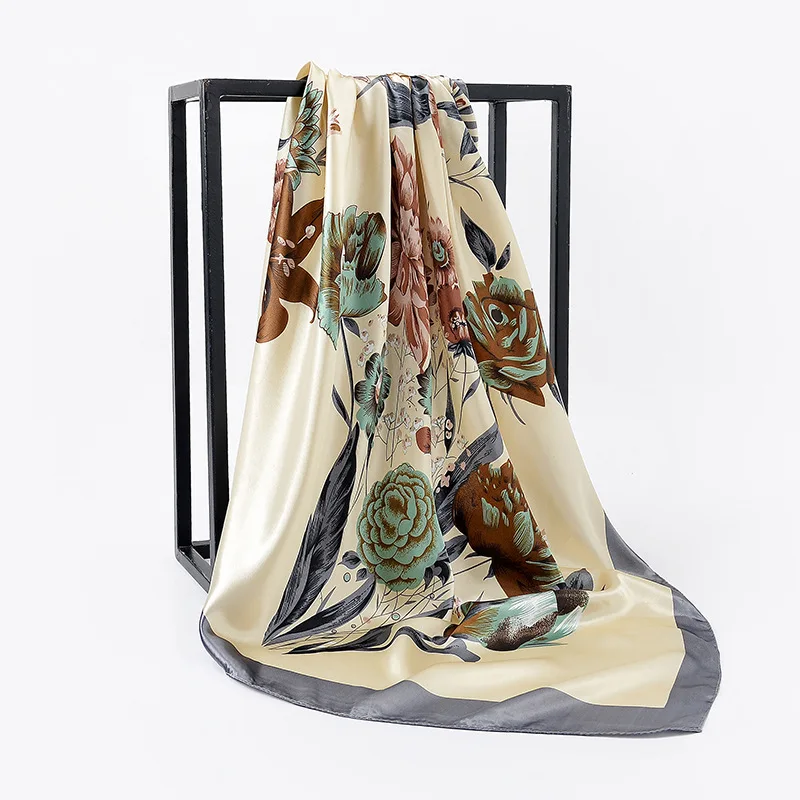 2023 Fashion Square Silk Scarf 90X90CM Multifunction Vintage Hijab Headscarf For Women Hair Band Soft Print Neck Scarf Satin