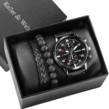 Classic Black Men Watch Bracelet Set Vintage Woven Bracelets Bead Chain Generous Quartz Wristwatch Gift Box Best Birthday Gifts-36623