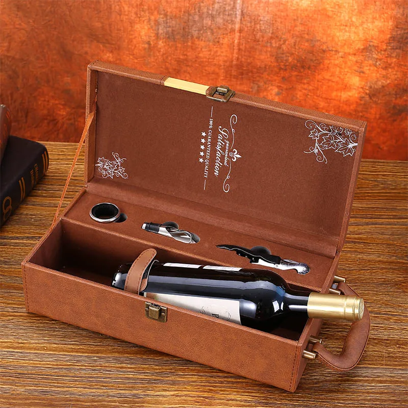 Leather Material Single Wine Packing Wood Universal Gift Black Red Brown Home Desktop Decoration High-end Gift 1pc