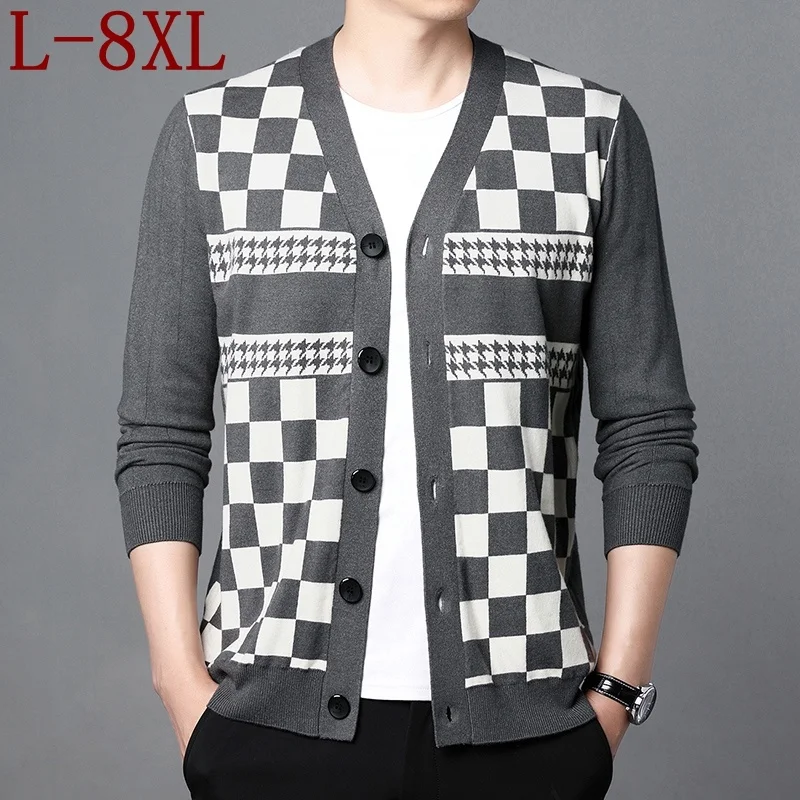 

6XL 8XL 7XL New Fall Winter Luxury Cashmere Cardigan Men Soft Warm England Style Plaid Knitted Jackets Top Quality Mens Sweaters