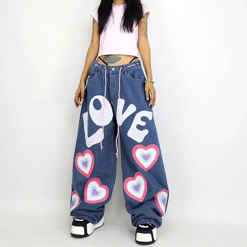 

Love printing Wide Leg Jeans Women Blue Boyfriend High Waist Fashion Denim Trousers Loose jean Pants