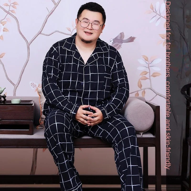 Fat Plus Size Cotton Pajamas Fat Men's Autumn Thin Home Wear Long Sleeve Pants Set 300kg Loose