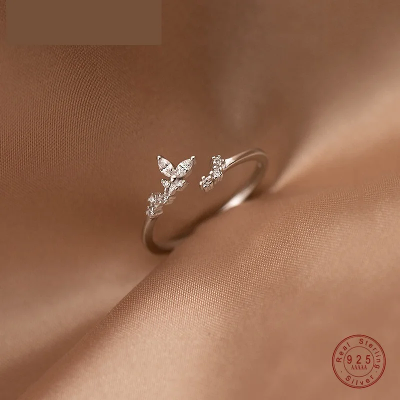 

925 Sterling Silver Luxury Crystal Zircon Branch Bud Sweet Chic Leaf Opening Ring for Women Wedding Anniversary Jewelry