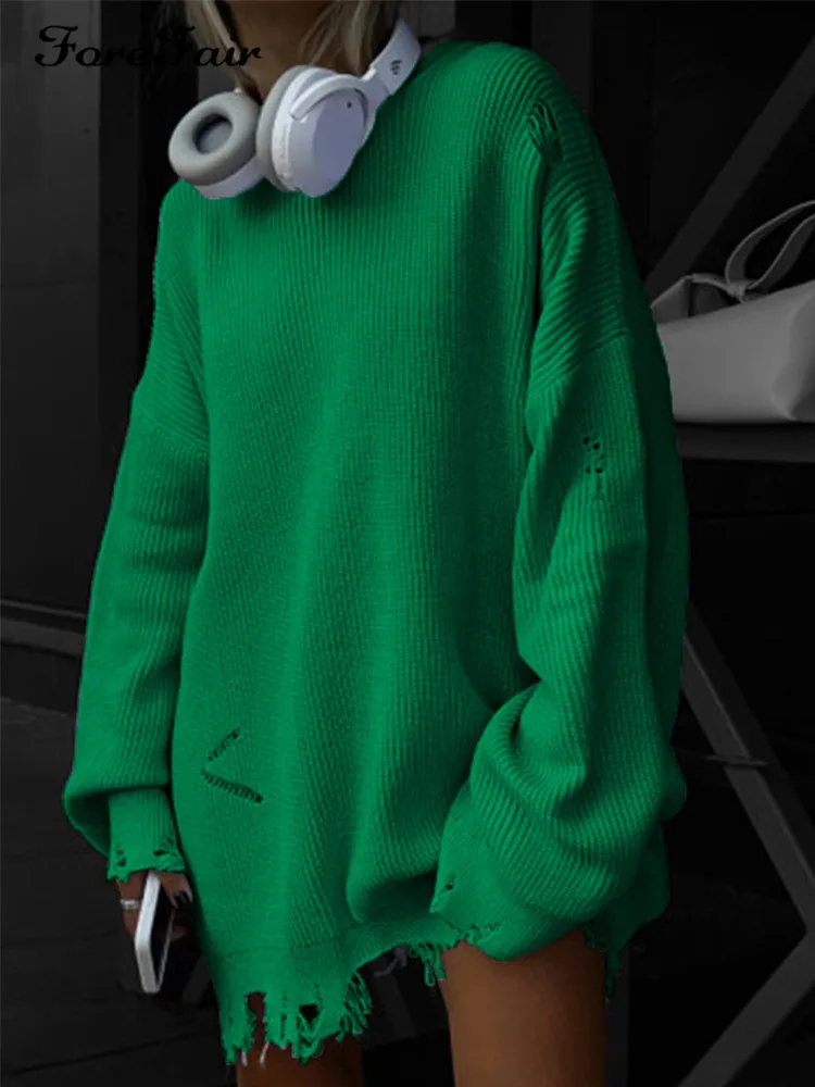 

Forefair 2022 Autumn Winter Knitted Pullover Oversized Hollow Out Jumper Y2k O Neck Top Outfits Casual Green Loose Sweater Women