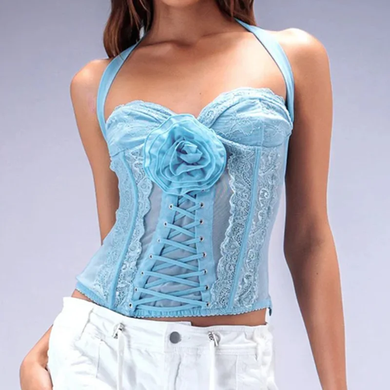 

New Patchwork Camisole Slim Tank Top Spice Girl Sexy Lace Flower Blouse Fishbone Halter Vest