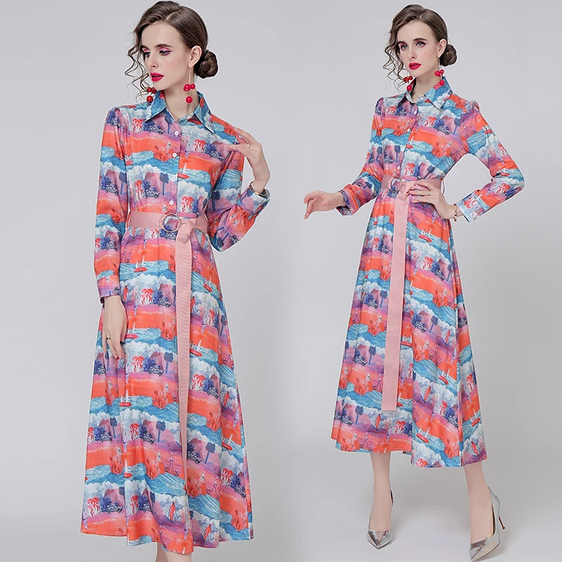 

Женская длинная юбка-рубашка с длинным рукавом и отложным воротником