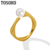tosoko stainless steel jewelry geometric pearl inlaid opening adjustable ring womens 18k gold plated fashion ring bsa333