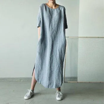 Elegant Party Dresses For Women Solid Color Cotton And Linen Maxi Dress Long Sleeves O Neck Fold Long Dresses летнее платье 1