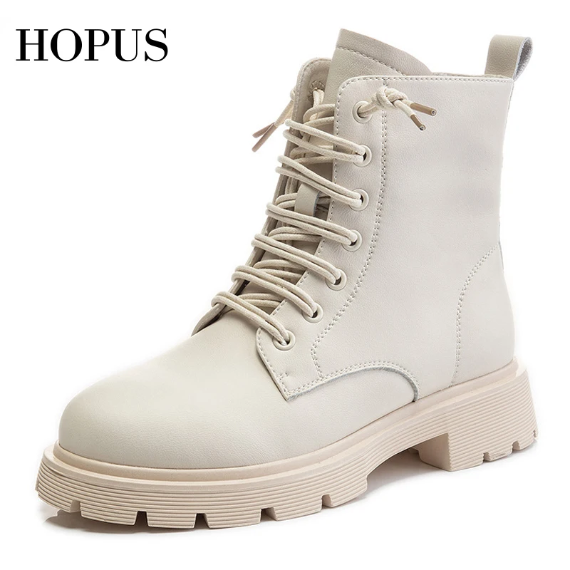 

HOPUS Women's Autumn Boots High Quality British Style Chunky Heel Leather Shoes For Women 2022 Designer Luxury Plush Short Boots