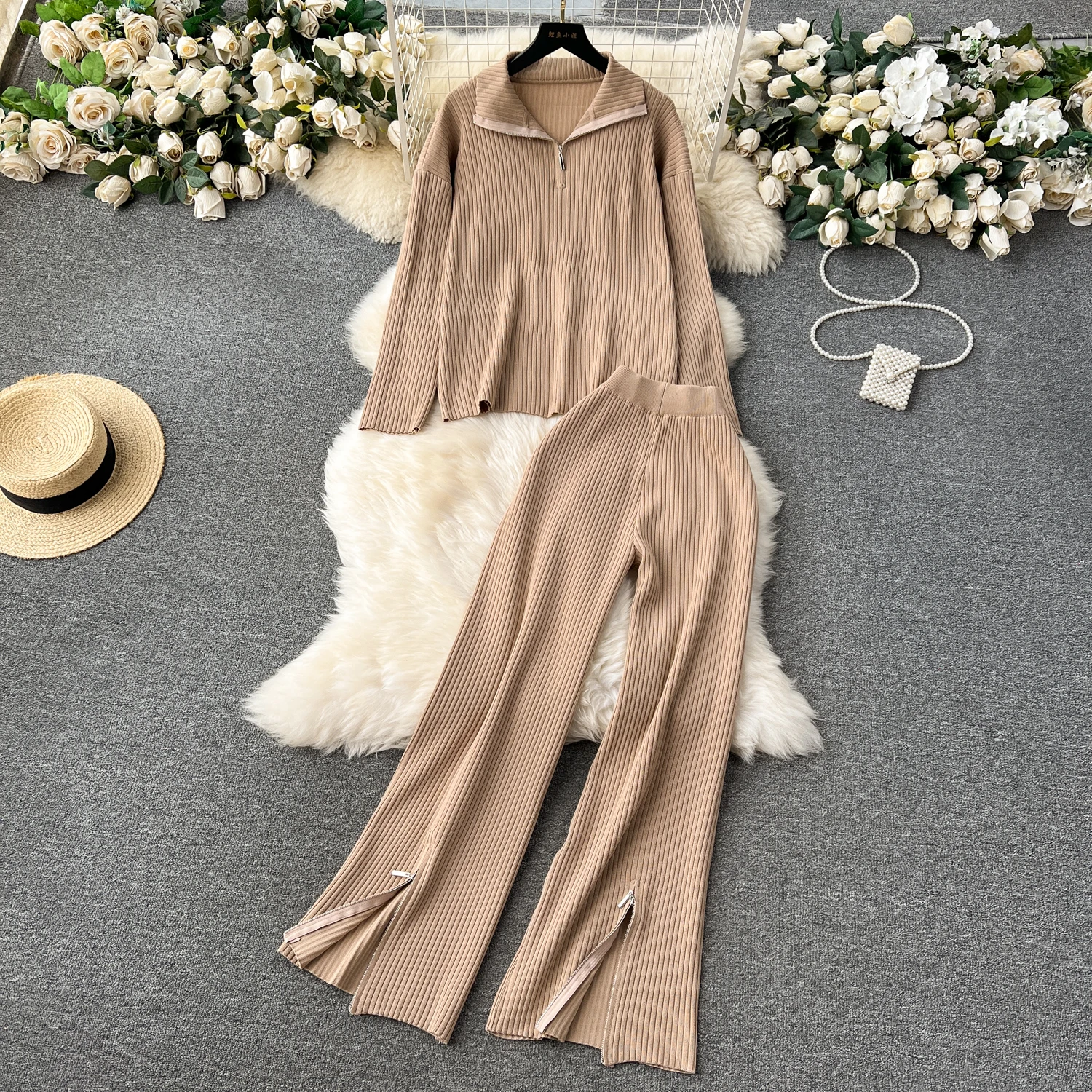 

Half-zip Lapel Sweater for Women, Loose and Versatile Vertical Sweater + High-waisted Slit Wide-leg Trousers Casual Suit