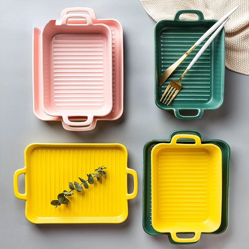 

700/900 мл прямоугольный фарфоровый противень для выпечки кастрюля с ручками для курицы картофеля запеченного риса стандартная сковорода