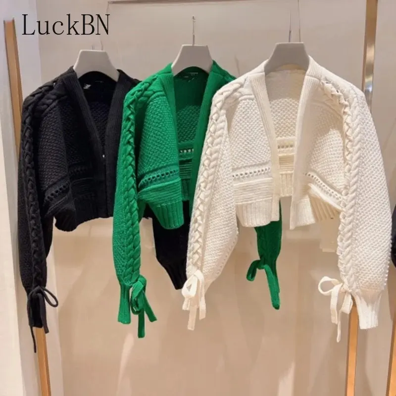 

Autumn Sweaters Elegant Chic Bandage Long Sleeve Cardigan Mujer Solid V Neck Short coat Women Sweaters Knitted Y2k Clothes White
