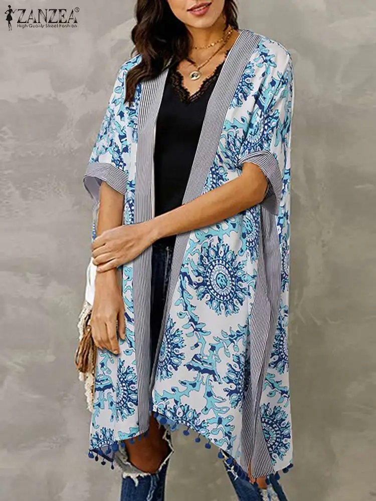 

ZANZEA Casual Dolman Sleeves Cardigan Shirts Women 2023 Summer Printing Slit Hem Tassel Cover-up Holiday Fashion Long Kimonos