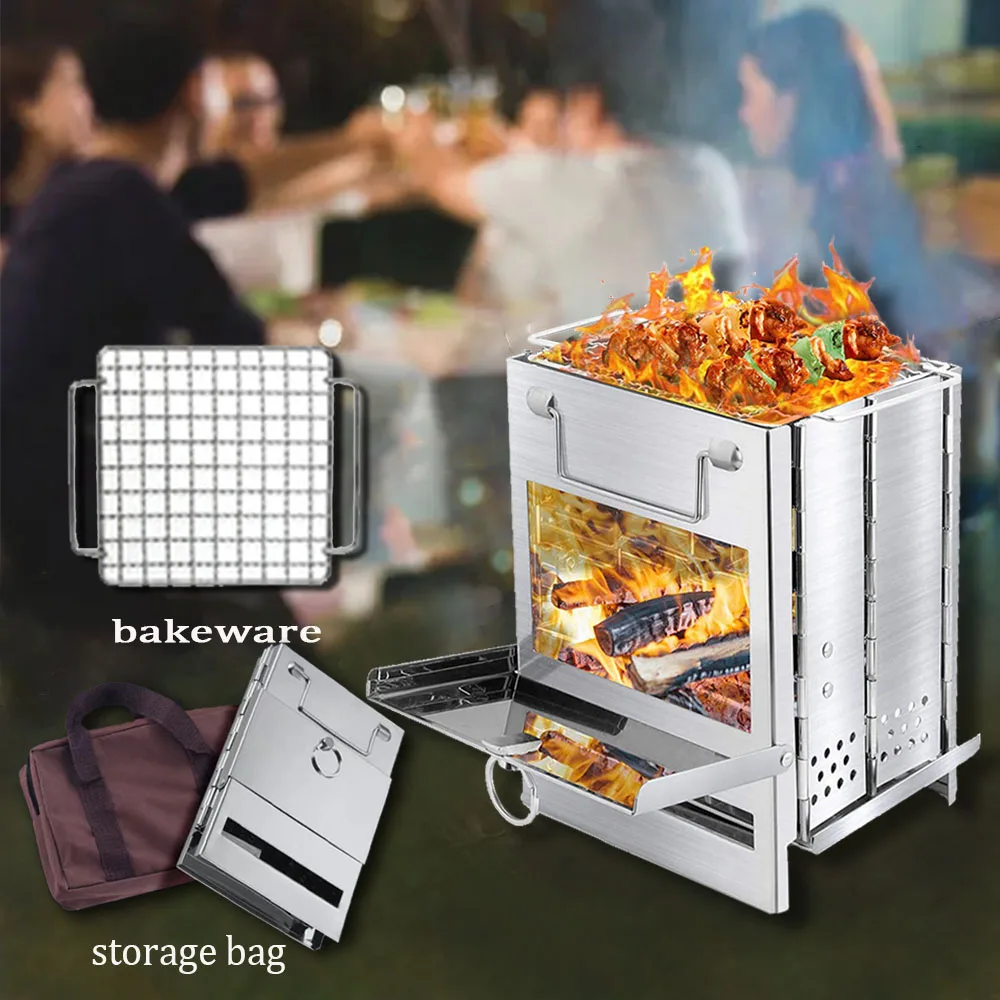 

Portable Folding Camping Firewood Stove Outdoor Mini BBQ Grill Stainless Steel Wood Stove with Carry Bag Picnic Cooking Tool