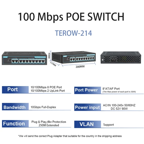 Terow Poe Switch 10-порт 100 Мбит / с Ethernet Smart Switch 93W 8+2 uplink с внутренней мощностью и молниеносной защитой и изоляцией VLAN