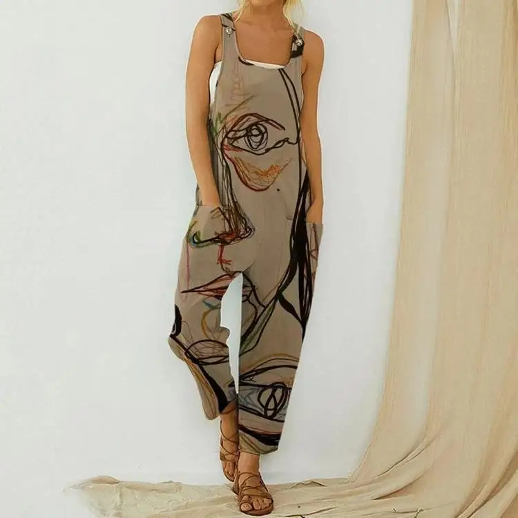 

Женский свободный комбинезон с абстрактным принтом, стильный повседневный комбинезон из хлопка и льна на бретелях, с пуговицами и карманам...