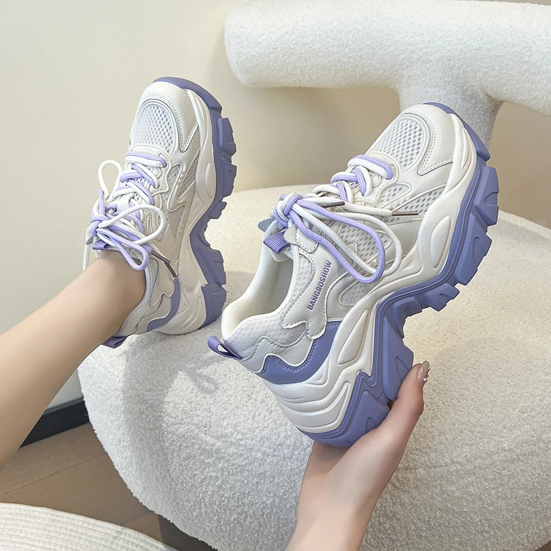 Leather Sports Casual Shoes Female 2023 Summer New Mesh Surface Breathable Increase Women's Shoes Muffin Bottom All Match Sports