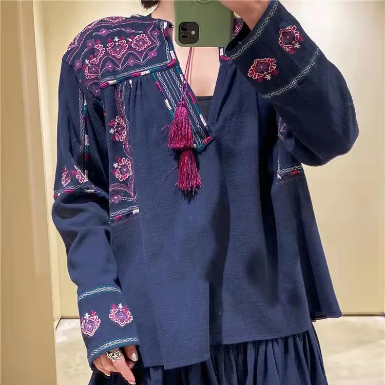 100%Cotton Blouses 2022 Autumn Style Women V-Neck Exquisite Embroidery Tassel String Deco Long Sleeve Begige Dark Blue Tops